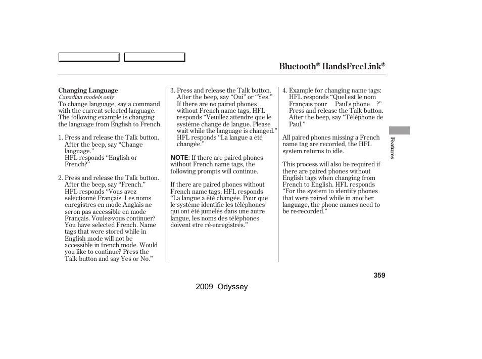 Bluetooth handsfreelink | HONDA 2009 Odyssey User Manual | Page 362 / 532