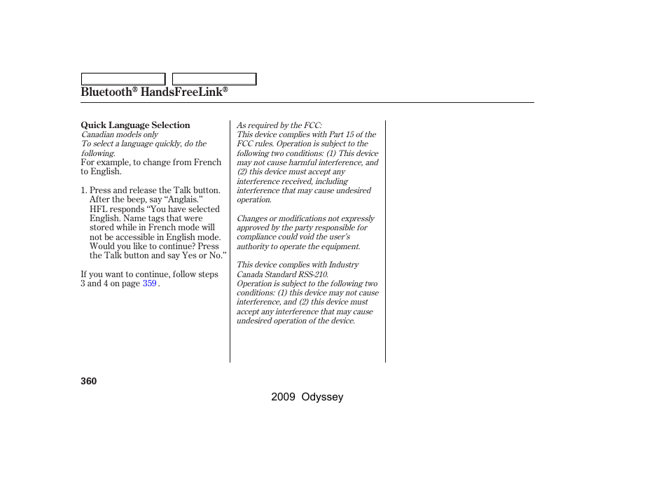 Bluetooth handsfreelink | HONDA 2009 Odyssey User Manual | Page 363 / 532