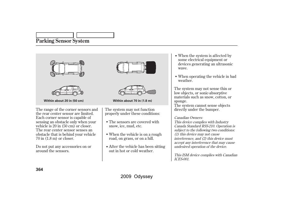 Parking sensor system | HONDA 2009 Odyssey User Manual | Page 367 / 532