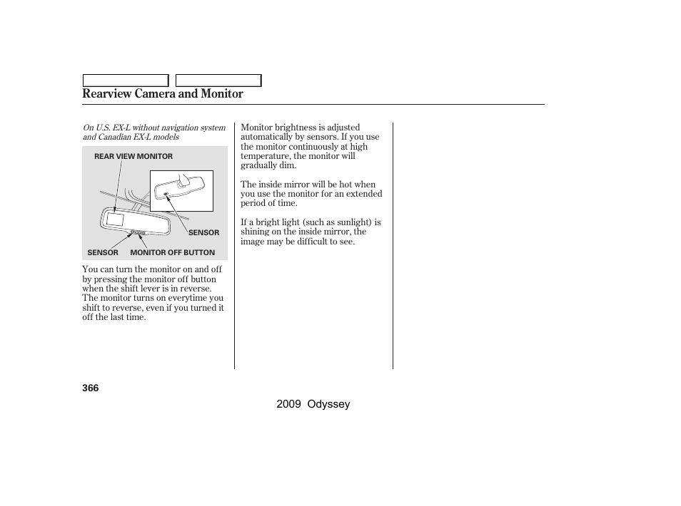 Rearview camera and monitor | HONDA 2009 Odyssey User Manual | Page 369 / 532