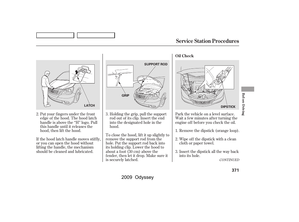 Service station procedures, 2009 odyssey | HONDA 2009 Odyssey User Manual | Page 374 / 532