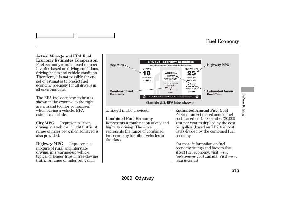 Fuel economy, 2009 odyssey | HONDA 2009 Odyssey User Manual | Page 376 / 532