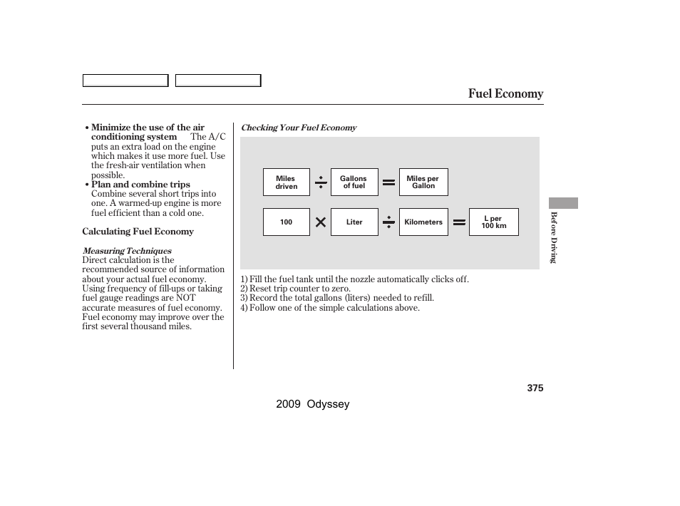 Fuel economy, 2009 odyssey | HONDA 2009 Odyssey User Manual | Page 378 / 532