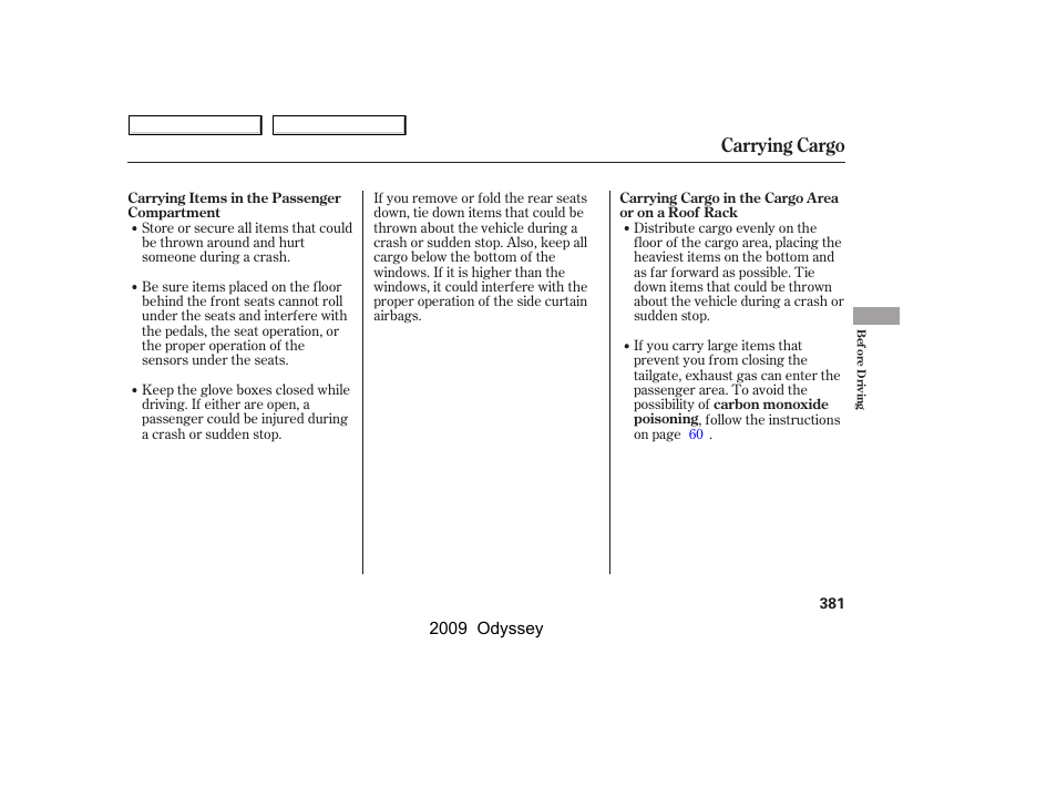 Carrying cargo | HONDA 2009 Odyssey User Manual | Page 384 / 532