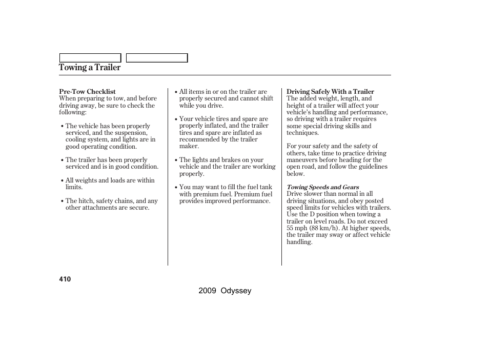 Towing a trailer | HONDA 2009 Odyssey User Manual | Page 413 / 532