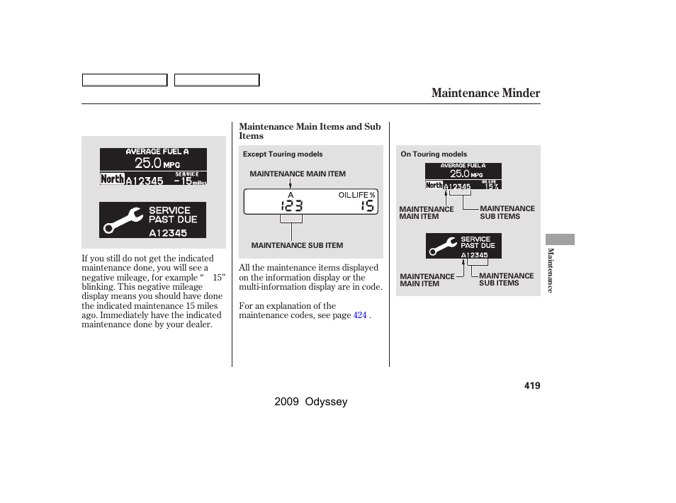 Maintenance minder, 2009 odyssey | HONDA 2009 Odyssey User Manual | Page 422 / 532