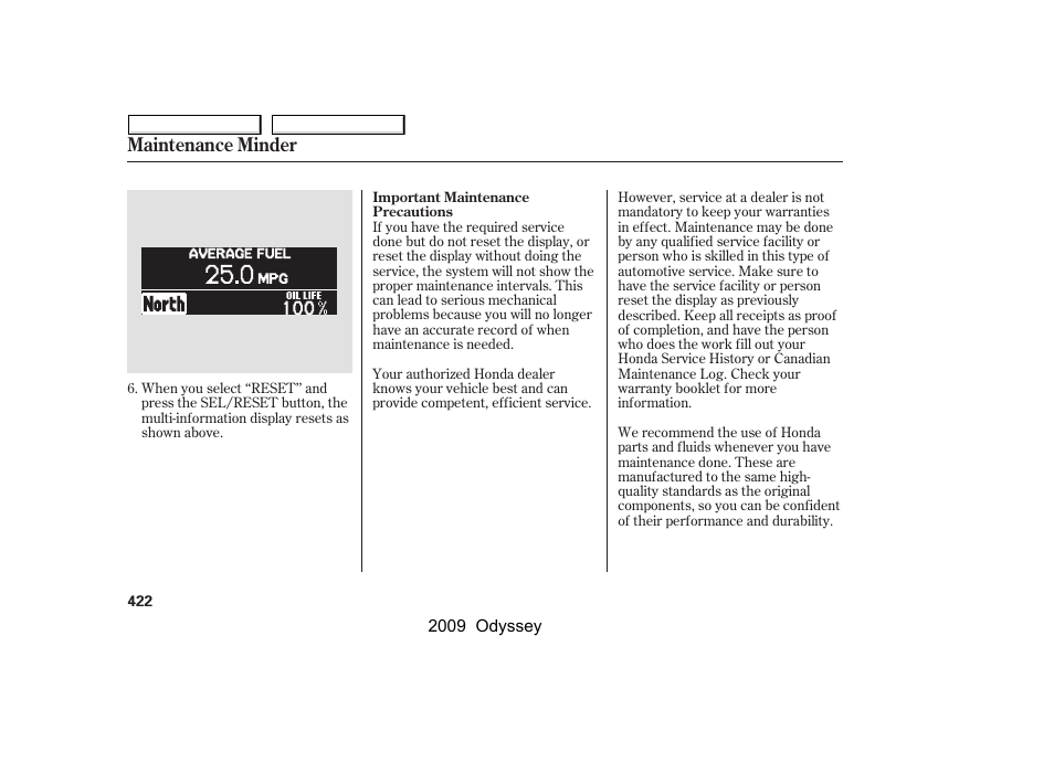 Maintenance minder | HONDA 2009 Odyssey User Manual | Page 425 / 532