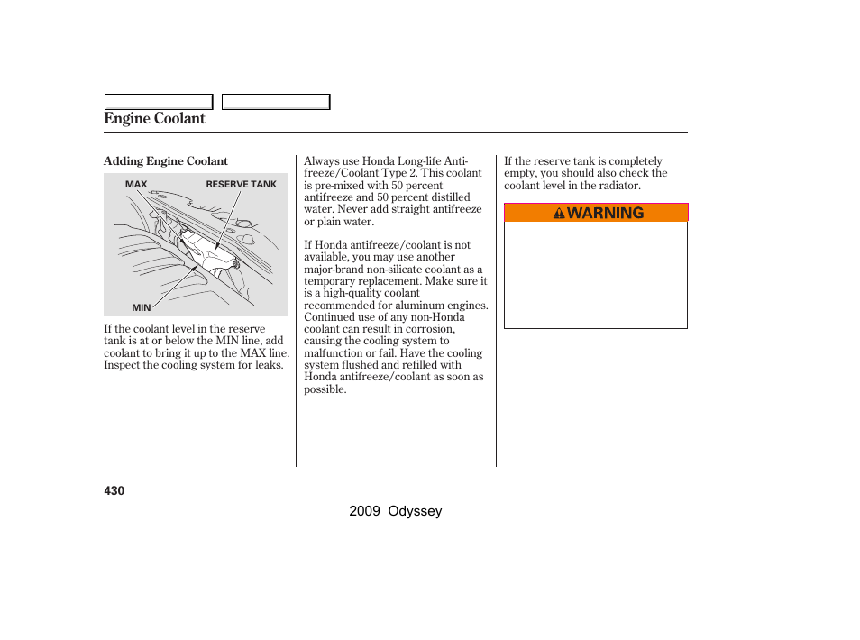 Engine coolant | HONDA 2009 Odyssey User Manual | Page 433 / 532