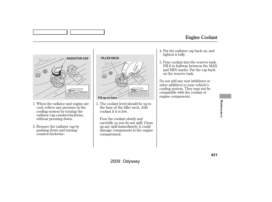 Engine coolant | HONDA 2009 Odyssey User Manual | Page 434 / 532