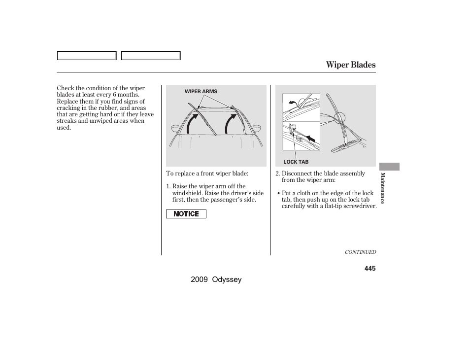 Wiper blades | HONDA 2009 Odyssey User Manual | Page 448 / 532