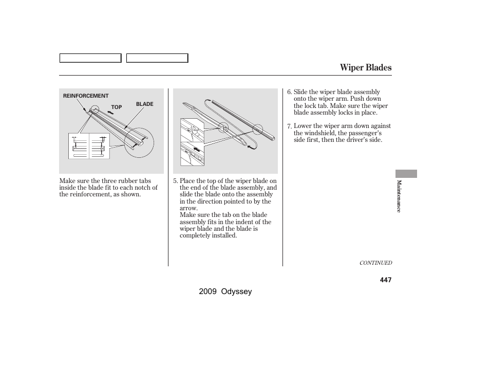 Wiper blades, 2009 odyssey | HONDA 2009 Odyssey User Manual | Page 450 / 532