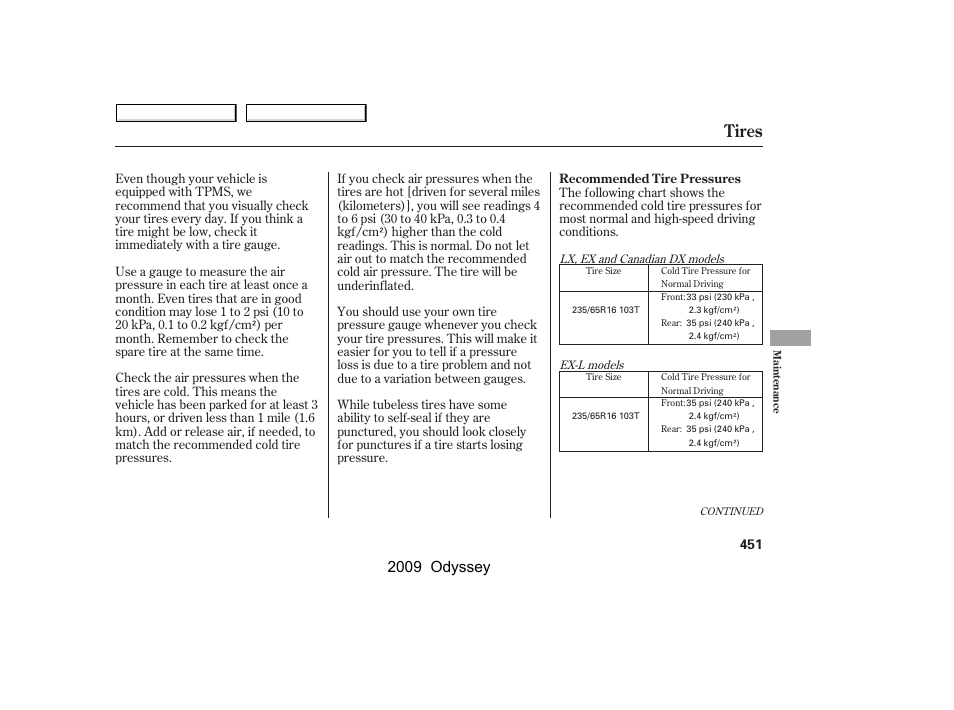 Tires, 2009 odyssey | HONDA 2009 Odyssey User Manual | Page 454 / 532