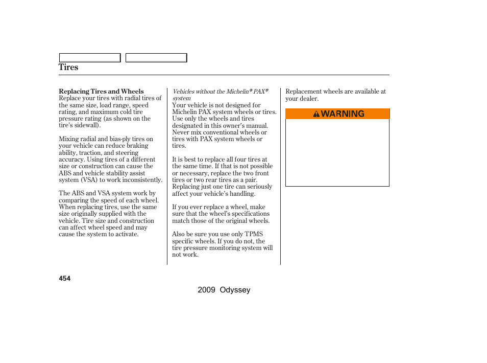 Tires | HONDA 2009 Odyssey User Manual | Page 457 / 532