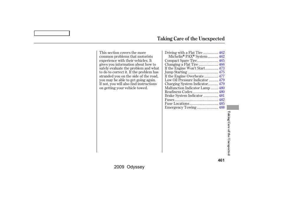 Taking care of the unexpected | HONDA 2009 Odyssey User Manual | Page 464 / 532