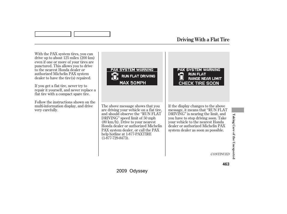 Driving with a flat tire, 2009 odyssey | HONDA 2009 Odyssey User Manual | Page 466 / 532