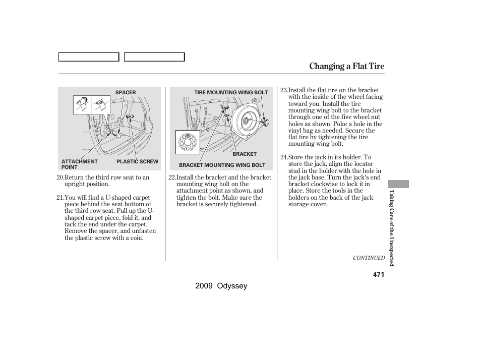 Changing a flat tire, 2009 odyssey | HONDA 2009 Odyssey User Manual | Page 474 / 532