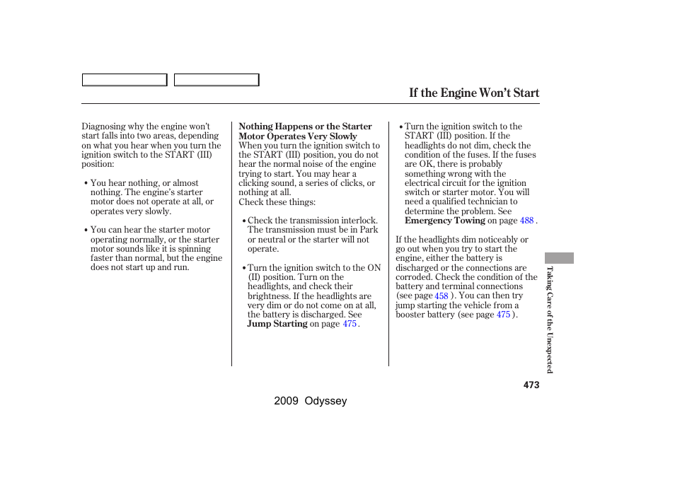 If the engine won’t start, 2009 odyssey | HONDA 2009 Odyssey User Manual | Page 476 / 532