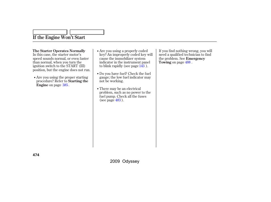 If the engine won’t start | HONDA 2009 Odyssey User Manual | Page 477 / 532