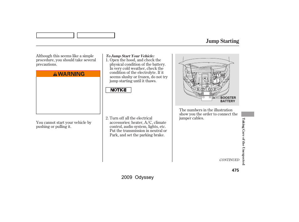 Jump starting, 2009 odyssey | HONDA 2009 Odyssey User Manual | Page 478 / 532