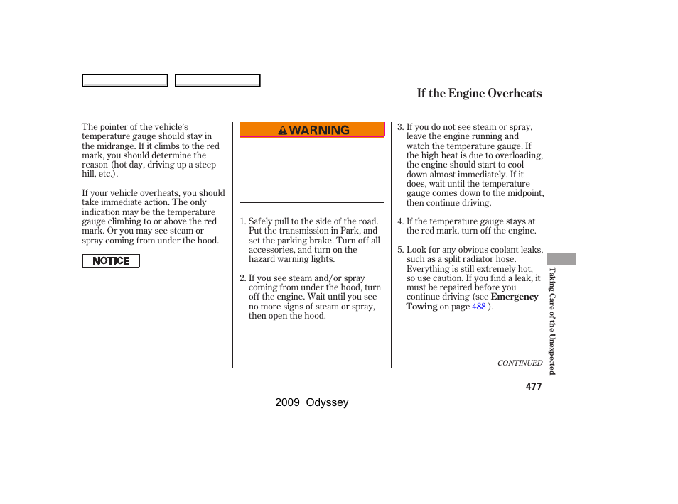 If the engine overheats, 2009 odyssey | HONDA 2009 Odyssey User Manual | Page 480 / 532