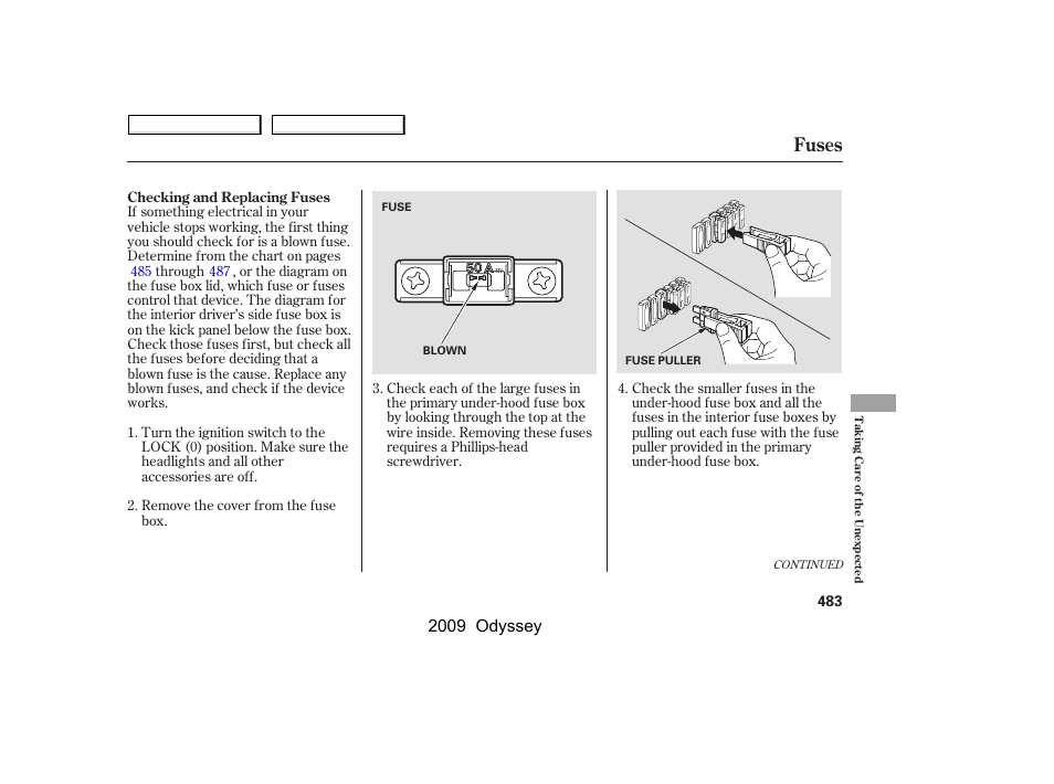 Fuses, 2009 odyssey | HONDA 2009 Odyssey User Manual | Page 486 / 532