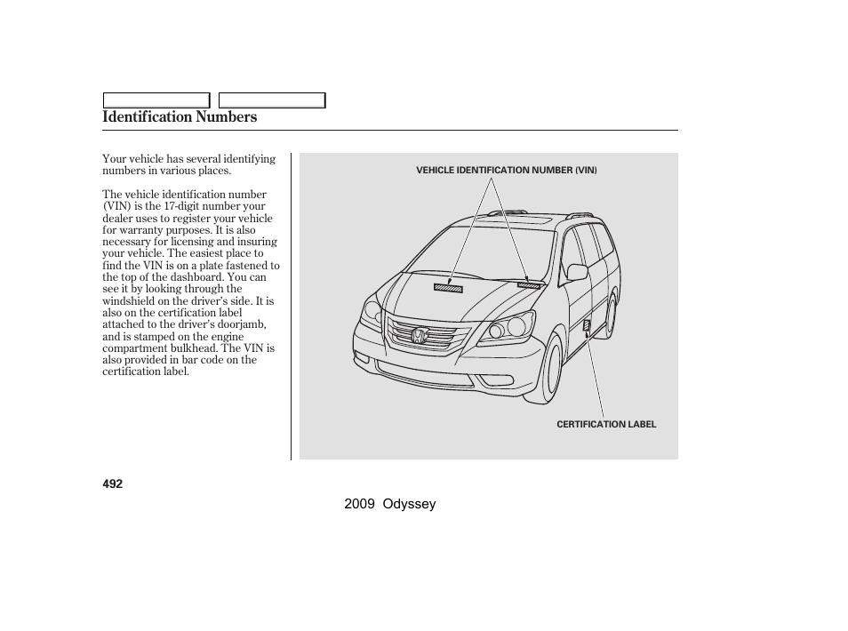 Identification numbers | HONDA 2009 Odyssey User Manual | Page 495 / 532