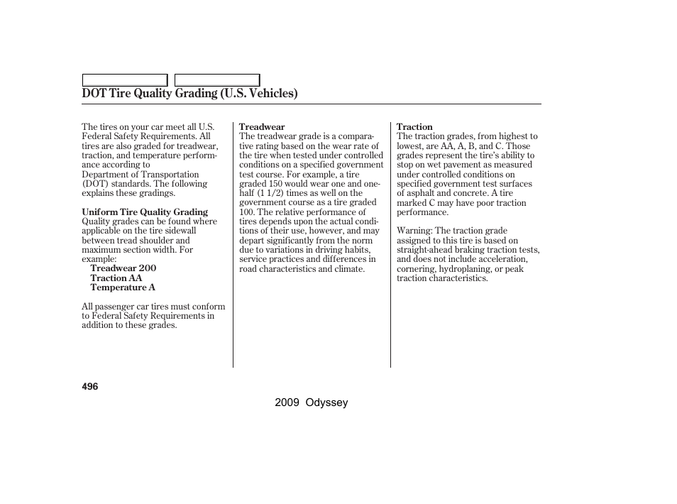 Dot tire quality grading (u.s. vehicles) | HONDA 2009 Odyssey User Manual | Page 499 / 532