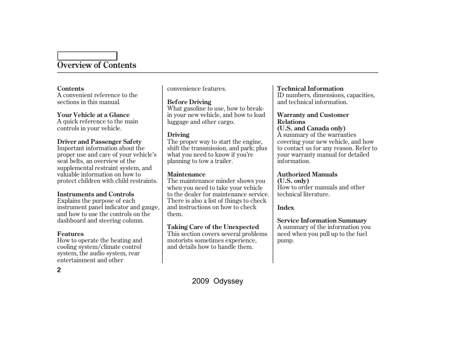 Overview of contents | HONDA 2009 Odyssey User Manual | Page 5 / 532