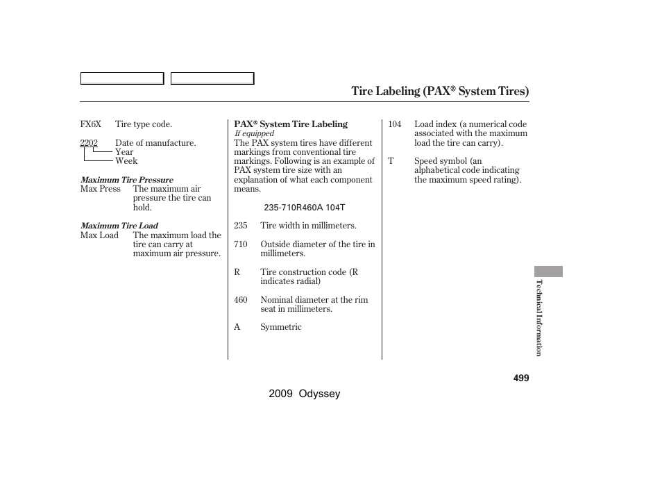 Tire labeling (pax system tires) | HONDA 2009 Odyssey User Manual | Page 502 / 532