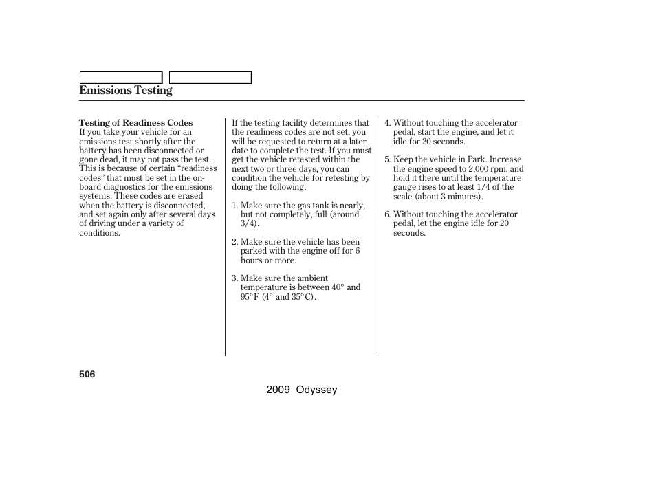 Emissions testing | HONDA 2009 Odyssey User Manual | Page 509 / 532