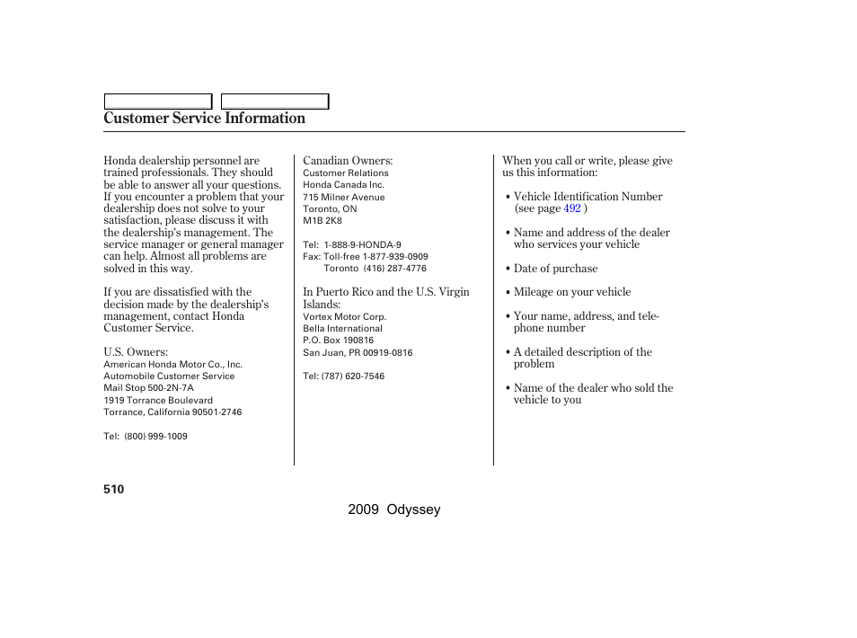 Customer service information | HONDA 2009 Odyssey User Manual | Page 513 / 532