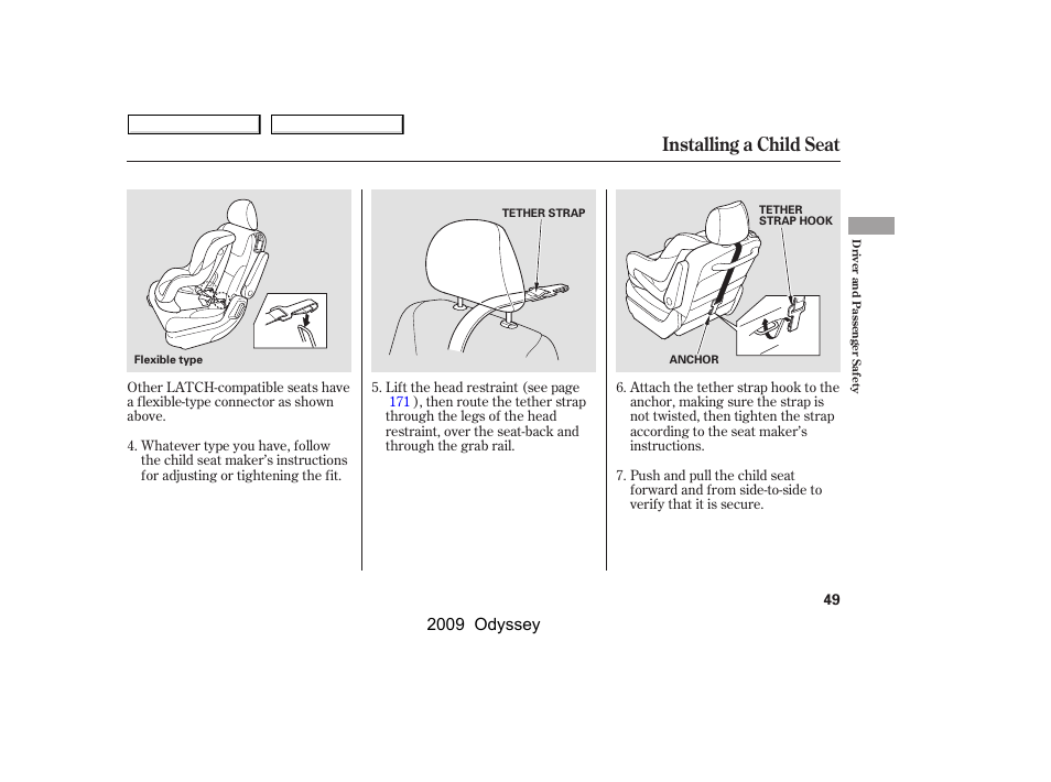 Installing a child seat, 2009 odyssey | HONDA 2009 Odyssey User Manual | Page 52 / 532