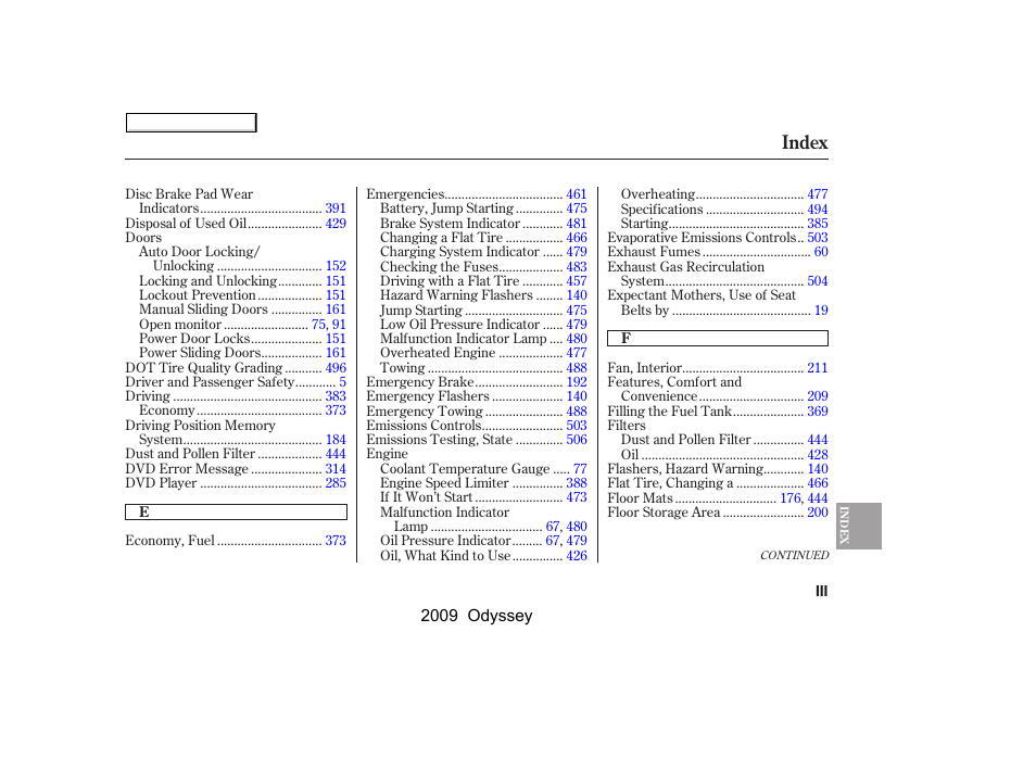 Index | HONDA 2009 Odyssey User Manual | Page 520 / 532