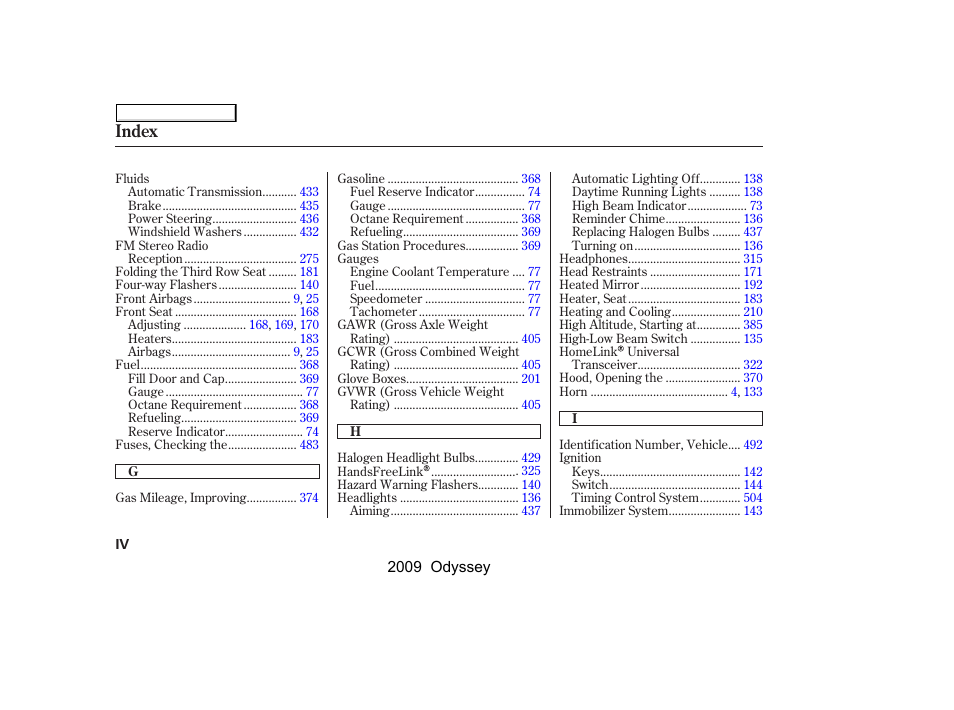 Index | HONDA 2009 Odyssey User Manual | Page 521 / 532