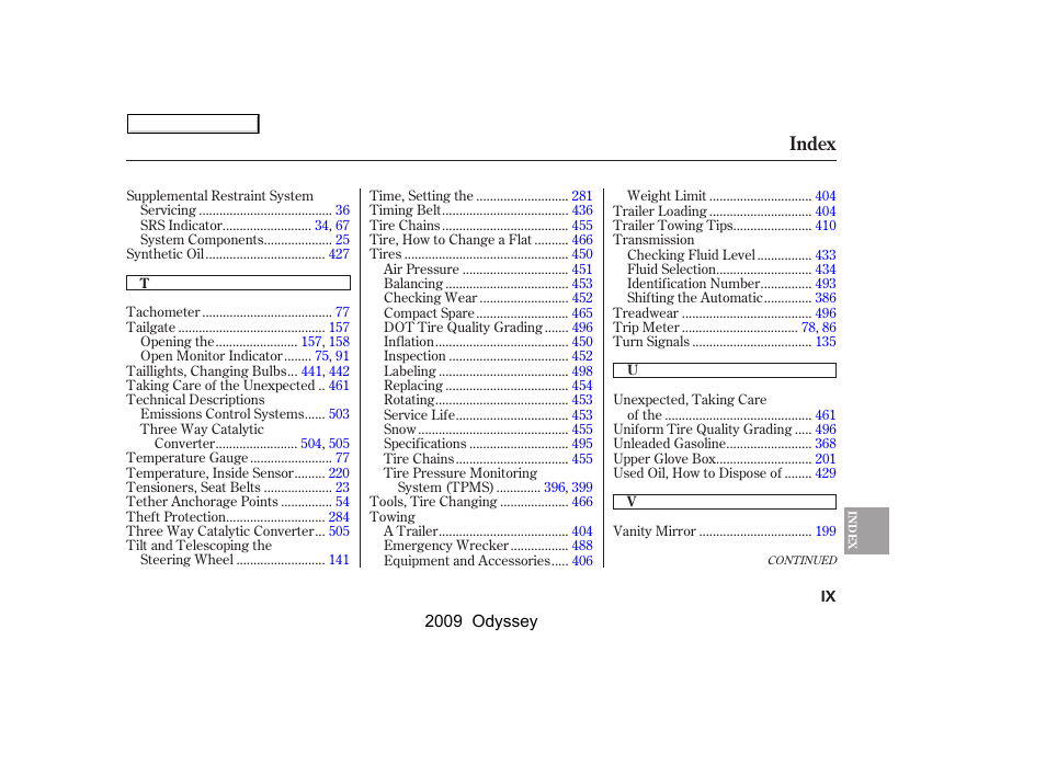 Index | HONDA 2009 Odyssey User Manual | Page 526 / 532