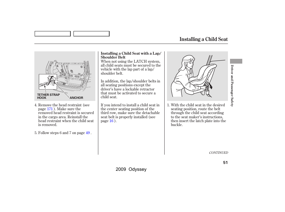 Installing a child seat, 2009 odyssey | HONDA 2009 Odyssey User Manual | Page 54 / 532