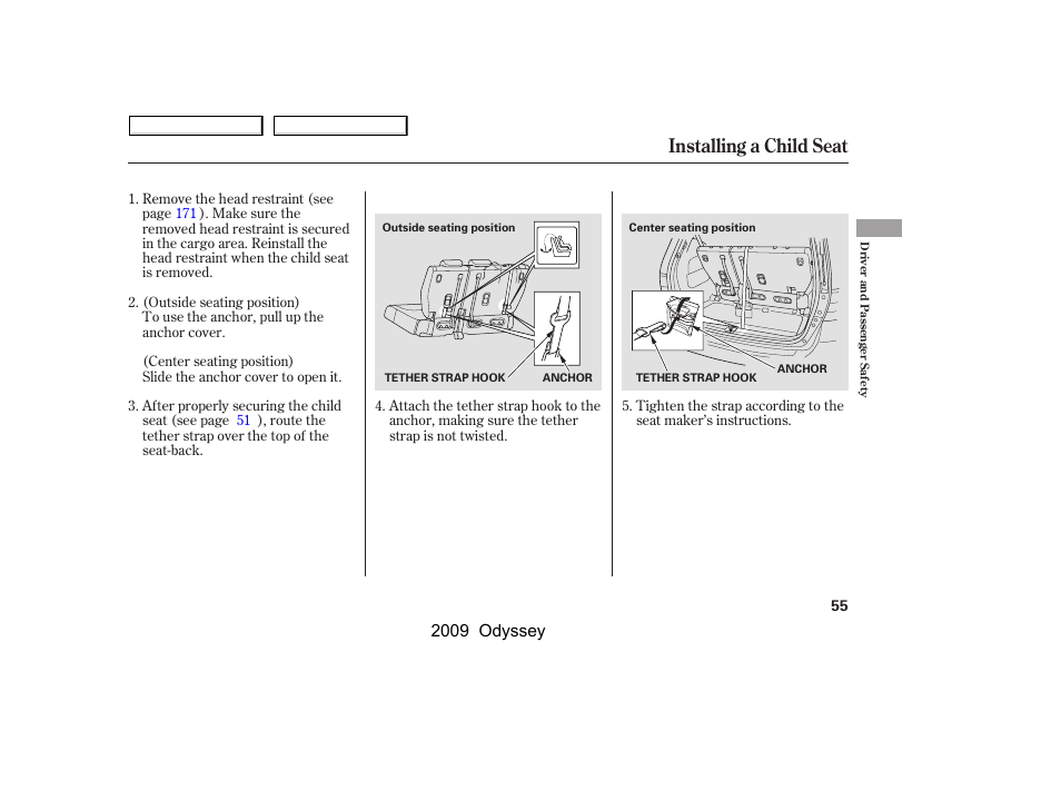 Installing a child seat, 2009 odyssey | HONDA 2009 Odyssey User Manual | Page 58 / 532