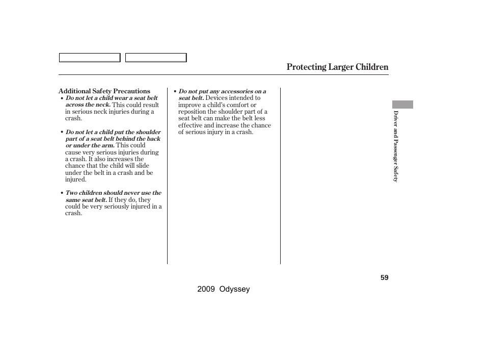 Protecting larger children, 2009 odyssey | HONDA 2009 Odyssey User Manual | Page 62 / 532