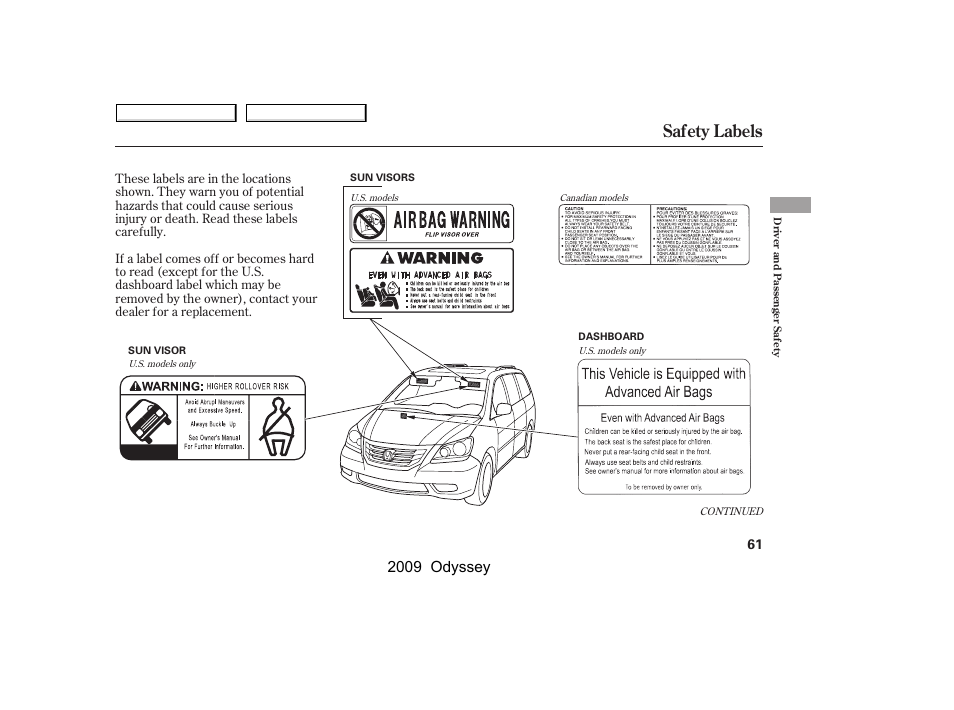 Safety labels, 2009 odyssey | HONDA 2009 Odyssey User Manual | Page 64 / 532