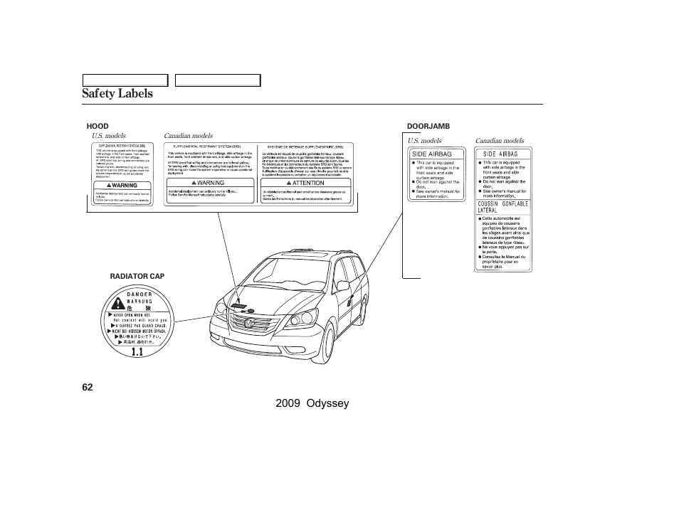 Safety labels, 2009 odyssey | HONDA 2009 Odyssey User Manual | Page 65 / 532