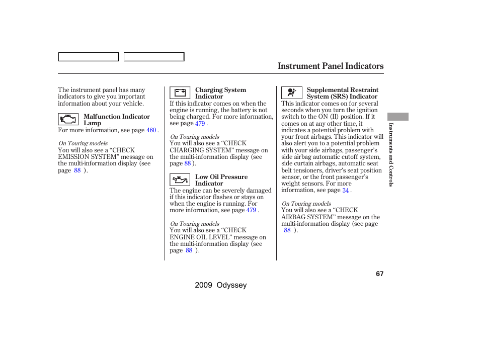 Instrument panel indicators | HONDA 2009 Odyssey User Manual | Page 70 / 532