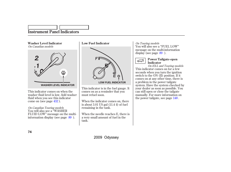 Instrument panel indicators | HONDA 2009 Odyssey User Manual | Page 77 / 532