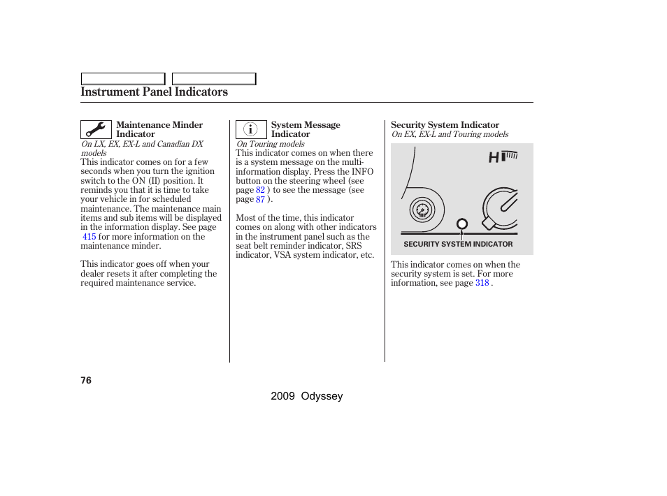 Instrument panel indicators | HONDA 2009 Odyssey User Manual | Page 79 / 532