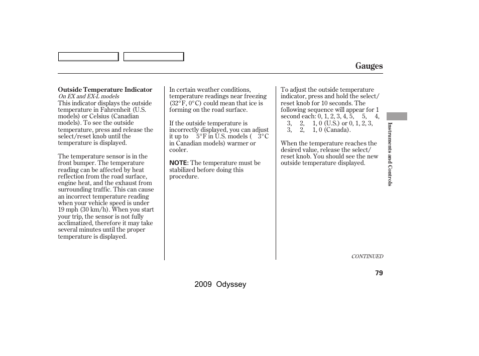 Gauges, 2009 odyssey | HONDA 2009 Odyssey User Manual | Page 82 / 532