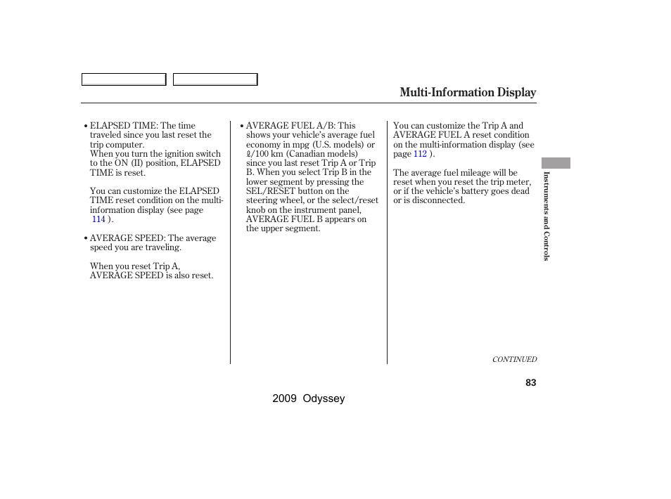 Multi-information display, 2009 odyssey | HONDA 2009 Odyssey User Manual | Page 86 / 532