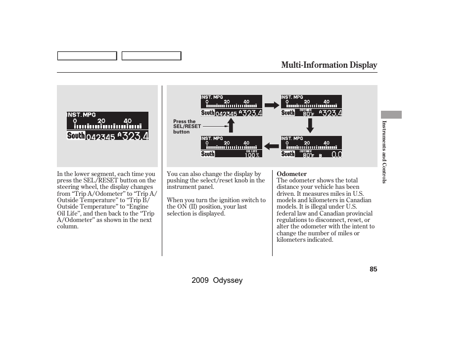 Multi-information display, 2009 odyssey | HONDA 2009 Odyssey User Manual | Page 88 / 532