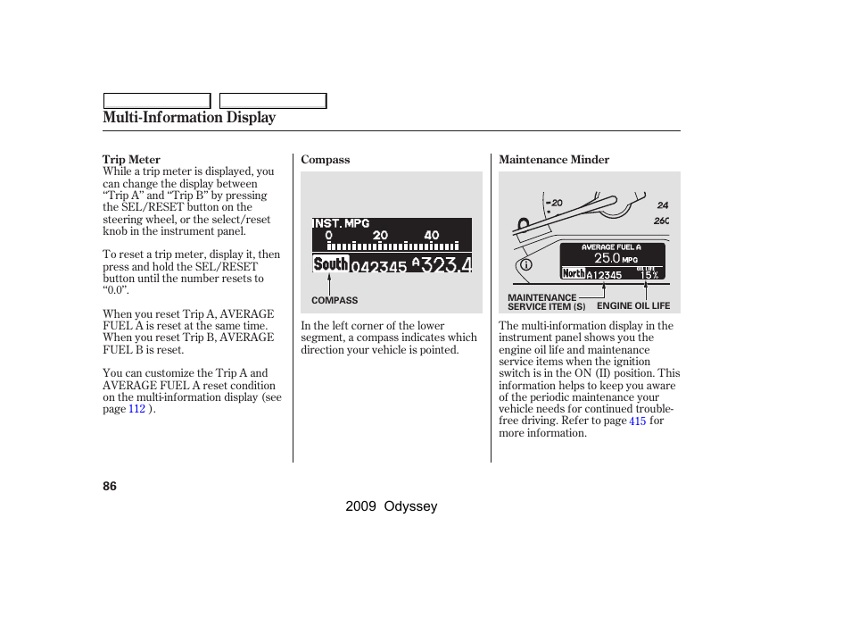 Multi-information display | HONDA 2009 Odyssey User Manual | Page 89 / 532