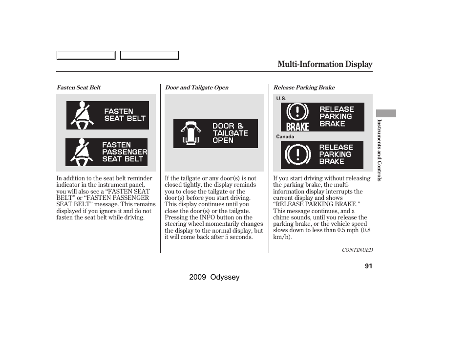 Multi-information display, 2009 odyssey | HONDA 2009 Odyssey User Manual | Page 94 / 532