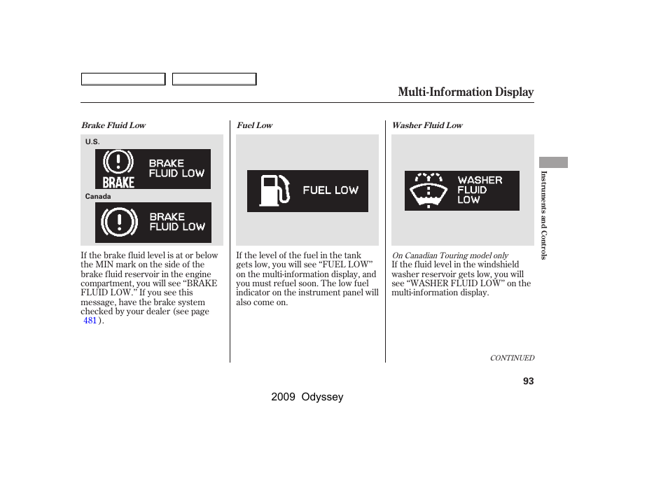 Multi-information display, 2009 odyssey | HONDA 2009 Odyssey User Manual | Page 96 / 532