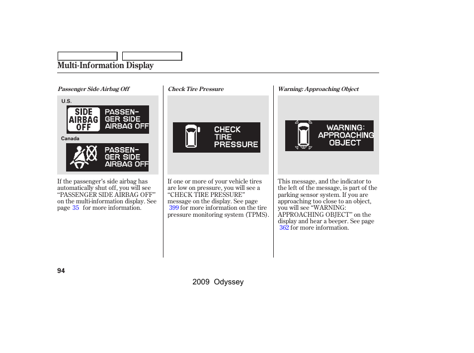 Multi-information display | HONDA 2009 Odyssey User Manual | Page 97 / 532